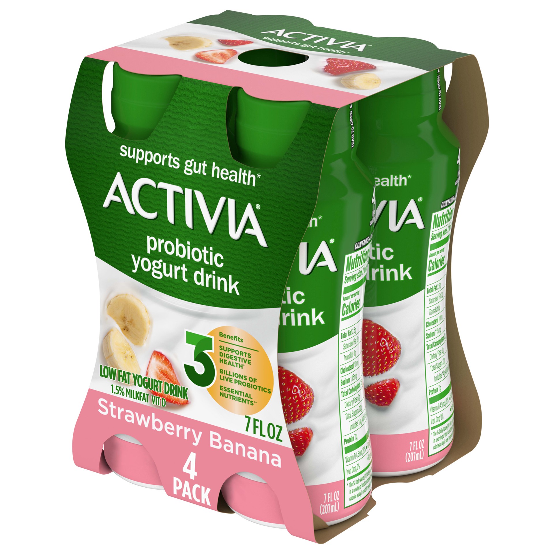 slide 1 of 5, Activia Strawberry Banana Probiotic Lowfat Yogurt Drink, Delicious Probiotic Yogurt Drinks to Help Support Gut Health, 4 Ct, 7 FL OZ Bottles, 7 fl oz