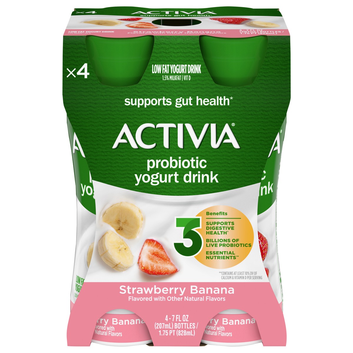 slide 1 of 5, Activia Strawberry Banana Probiotic Lowfat Yogurt Drink, Delicious Probiotic Yogurt Drinks to Help Support Gut Health, 4 Ct, 7 FL OZ Bottles, 7 fl oz