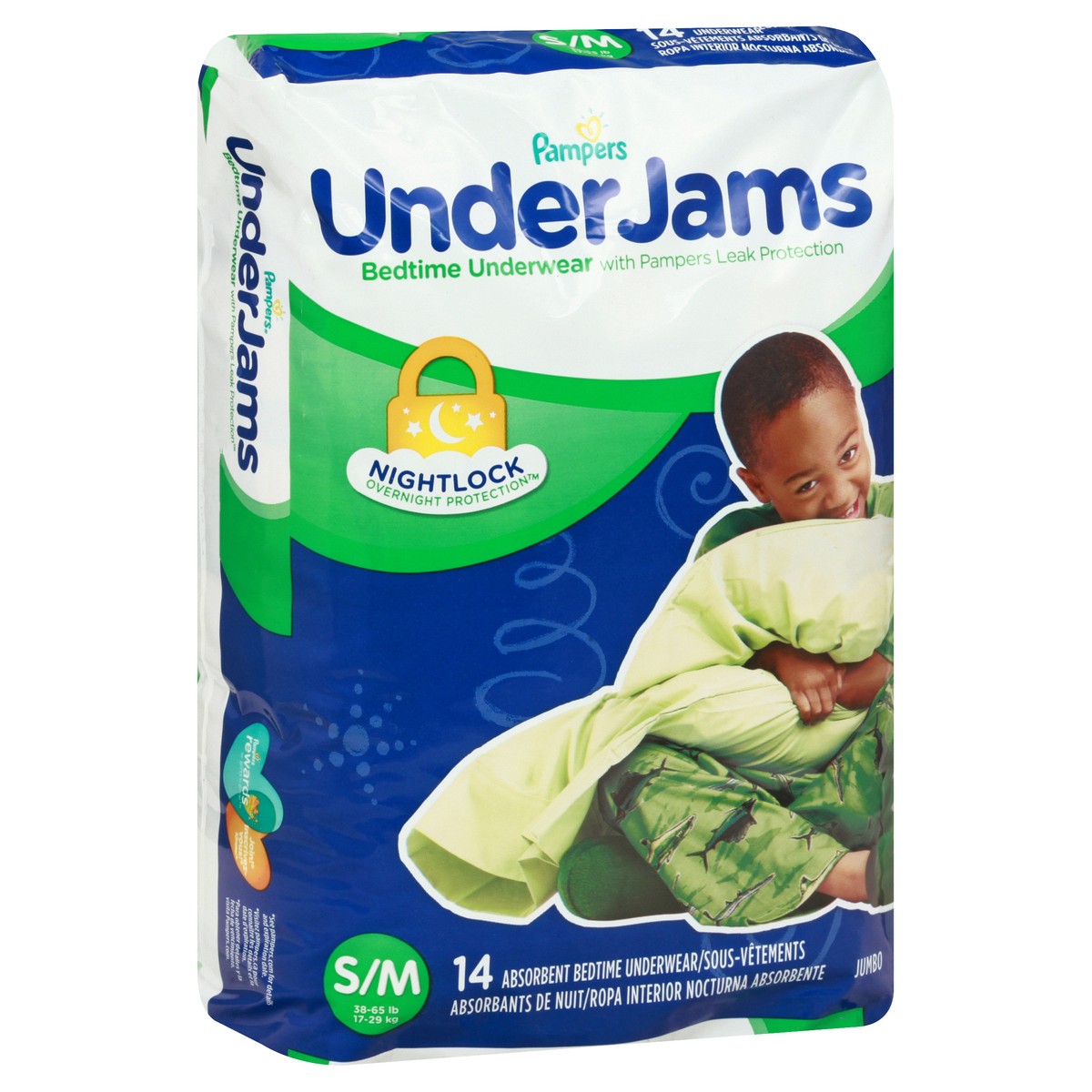 slide 5 of 10, Pampers UnderJams S/M (38-65 lb) Absorbent Jumbo Bedtime Underwear 14 ea, 14 ct