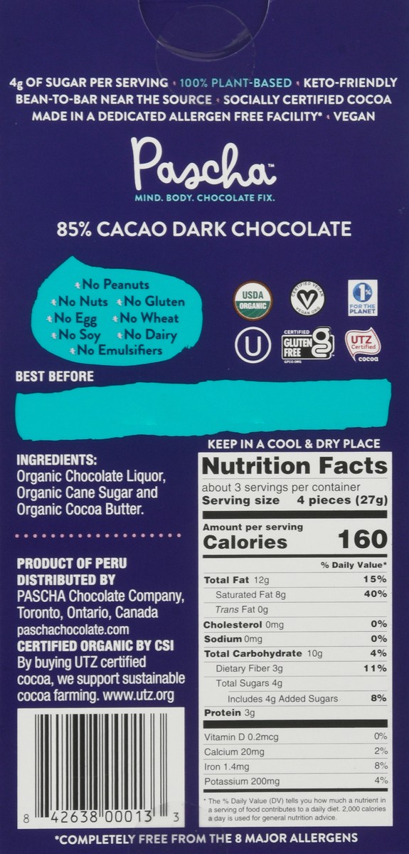 slide 9 of 12, Pascha 85% Cacao Very Dark Chocolate 2.82 oz, 2.82 oz