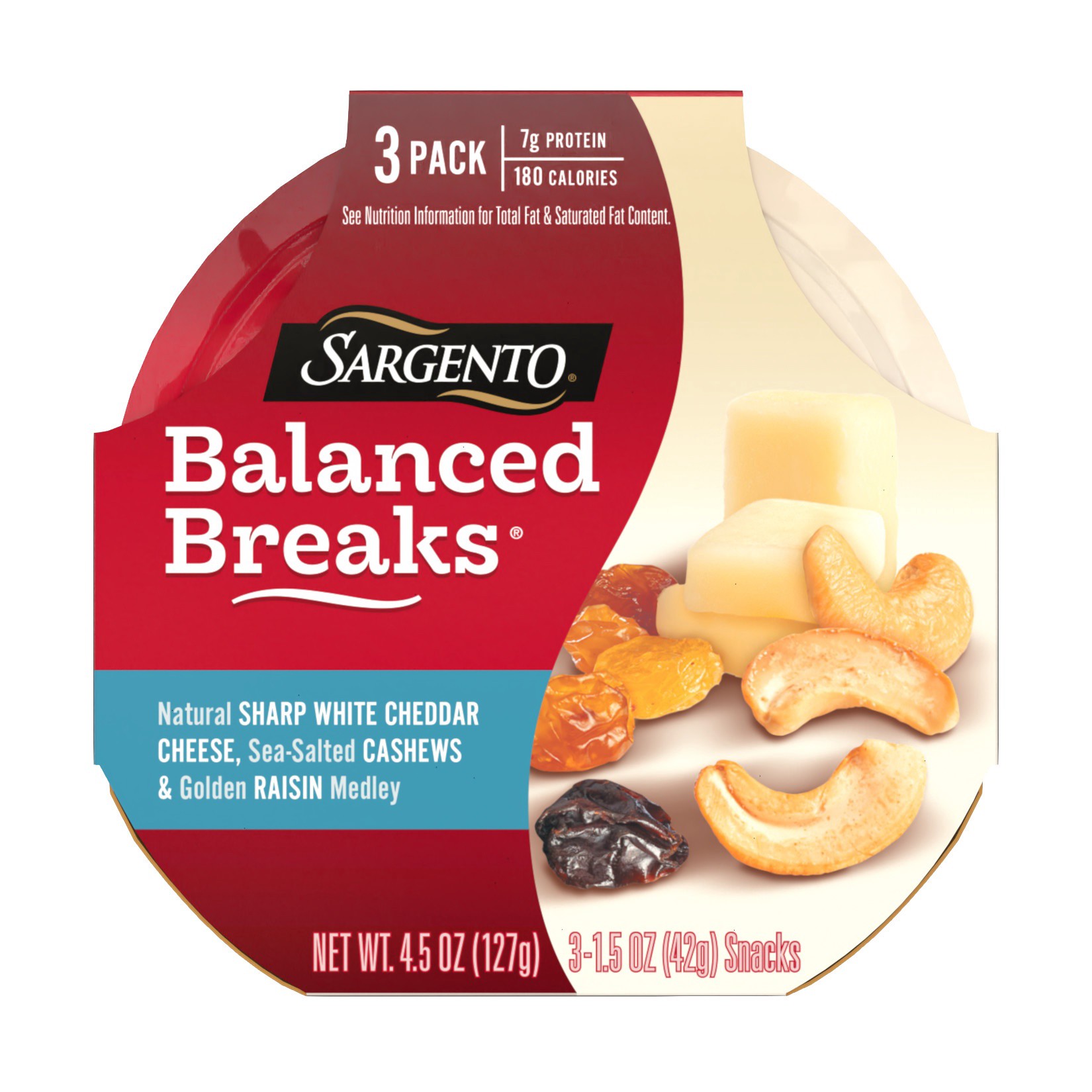 slide 1 of 13, Sargento Balanced Breaks with Natural Sharp White Cheddar Cheese, Sea-Salted Cashews and Golden Raisin Medley, 1.5 oz., 3-Pack, 4.5 oz