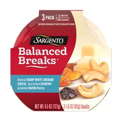 Sargento Balanced Breaks Natural Sharp White Cheddar Cheese, Sea-Salted Cashews and Golden Raisin Medley, 3-Pack