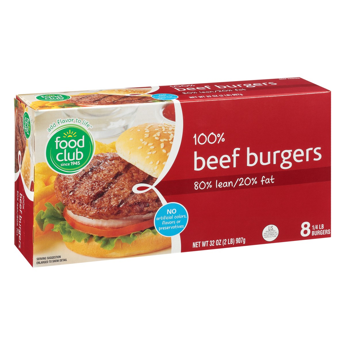 slide 2 of 10, Food Club 100% Beef Burgers, 80% Lean/20% Fat, 8 ct