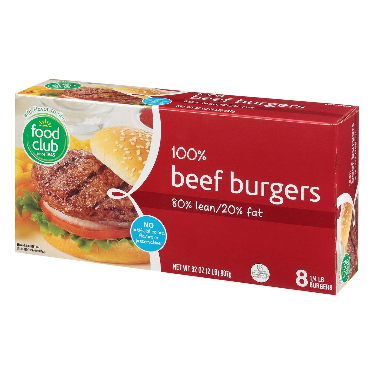 slide 3 of 10, Food Club 100% Beef Burgers, 80% Lean/20% Fat, 8 ct