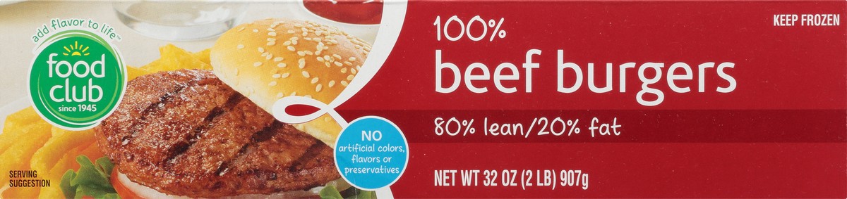 slide 6 of 10, Food Club 100% Beef Burgers, 80% Lean/20% Fat, 8 ct