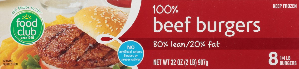 slide 8 of 10, Food Club 100% Beef Burgers, 80% Lean/20% Fat, 8 ct