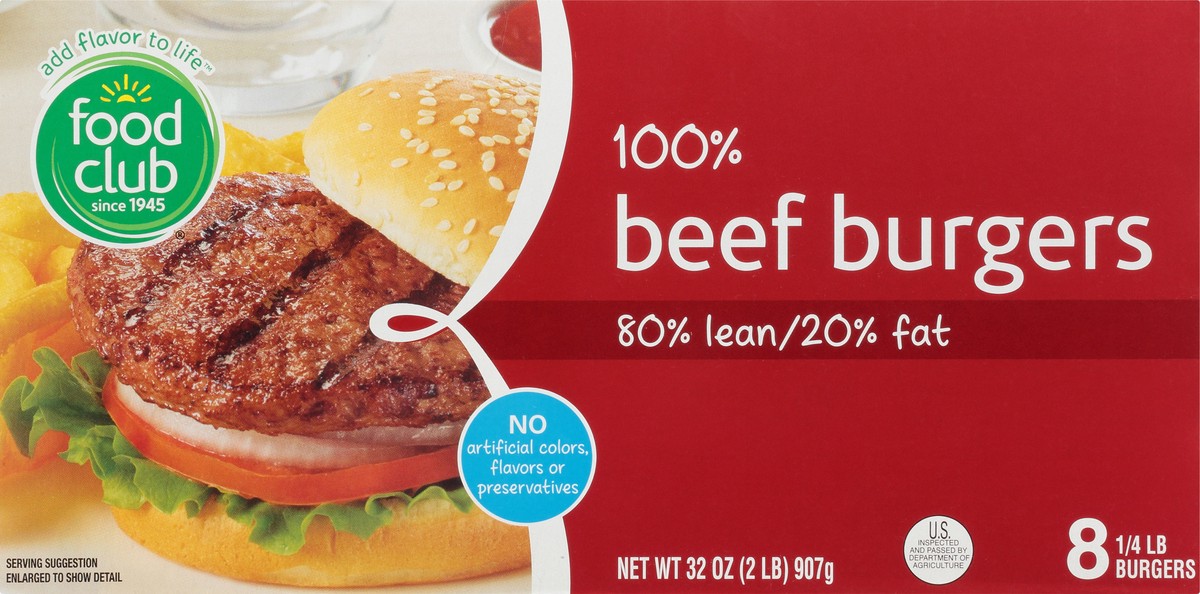 slide 9 of 10, Food Club 100% Beef Burgers, 80% Lean/20% Fat, 8 ct