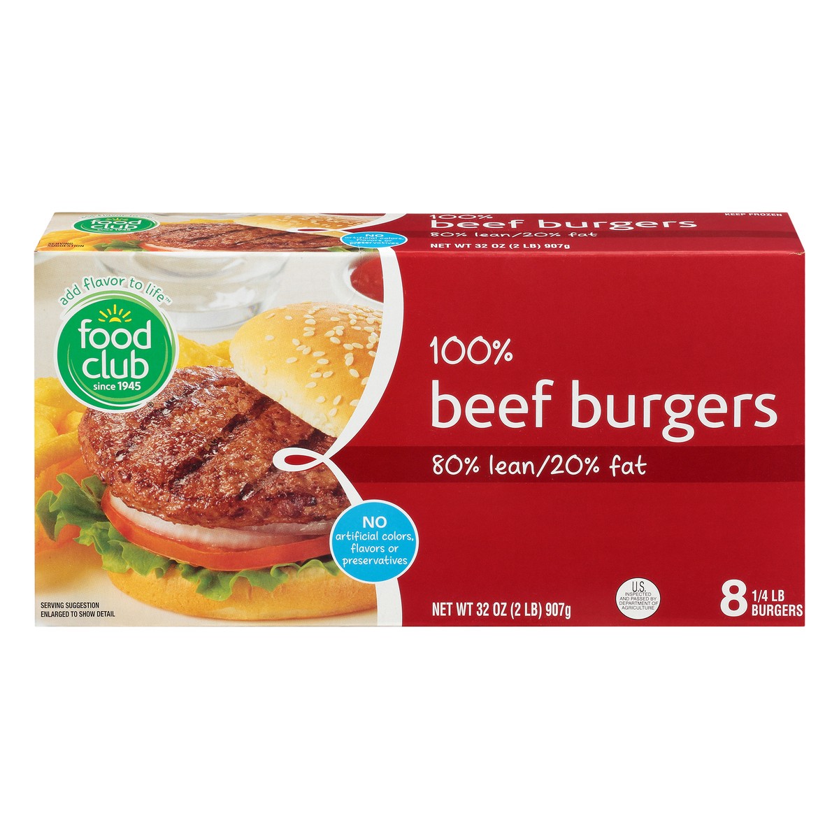 slide 1 of 10, Food Club 100% Beef Burgers, 80% Lean/20% Fat, 8 ct