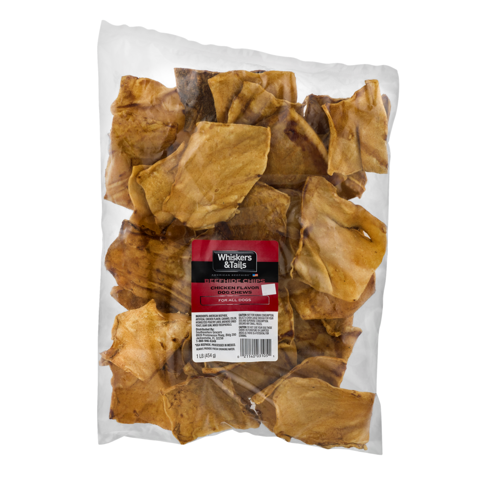 slide 1 of 1, Whiskers & Tails Beefhide Chips Chicken Flavor Dog Chews, 1 lb