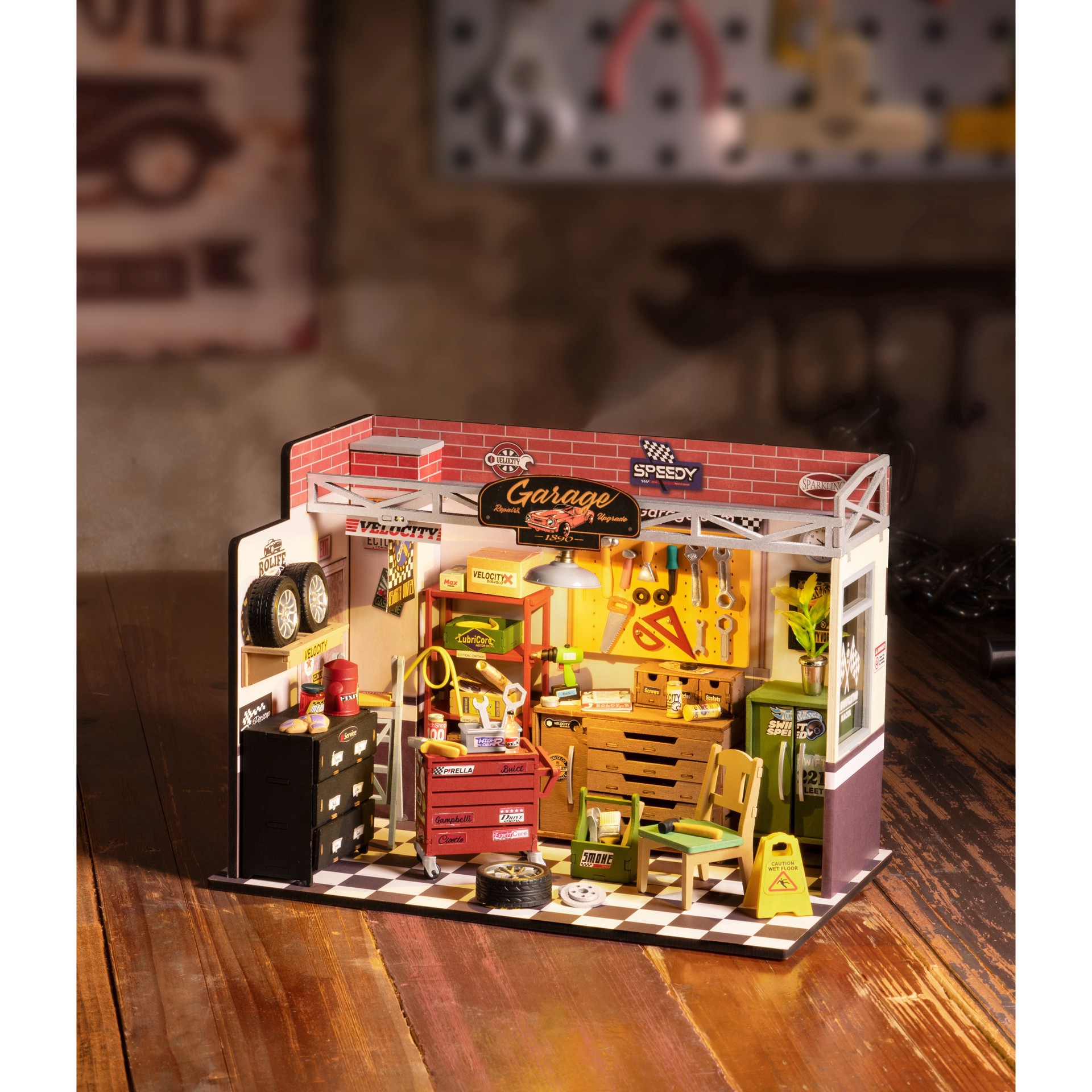 slide 3 of 12, Robotime Rolife Garage Workship Diy Miniature House Kit, 6.73 in x 5.87 in x 9.45 in