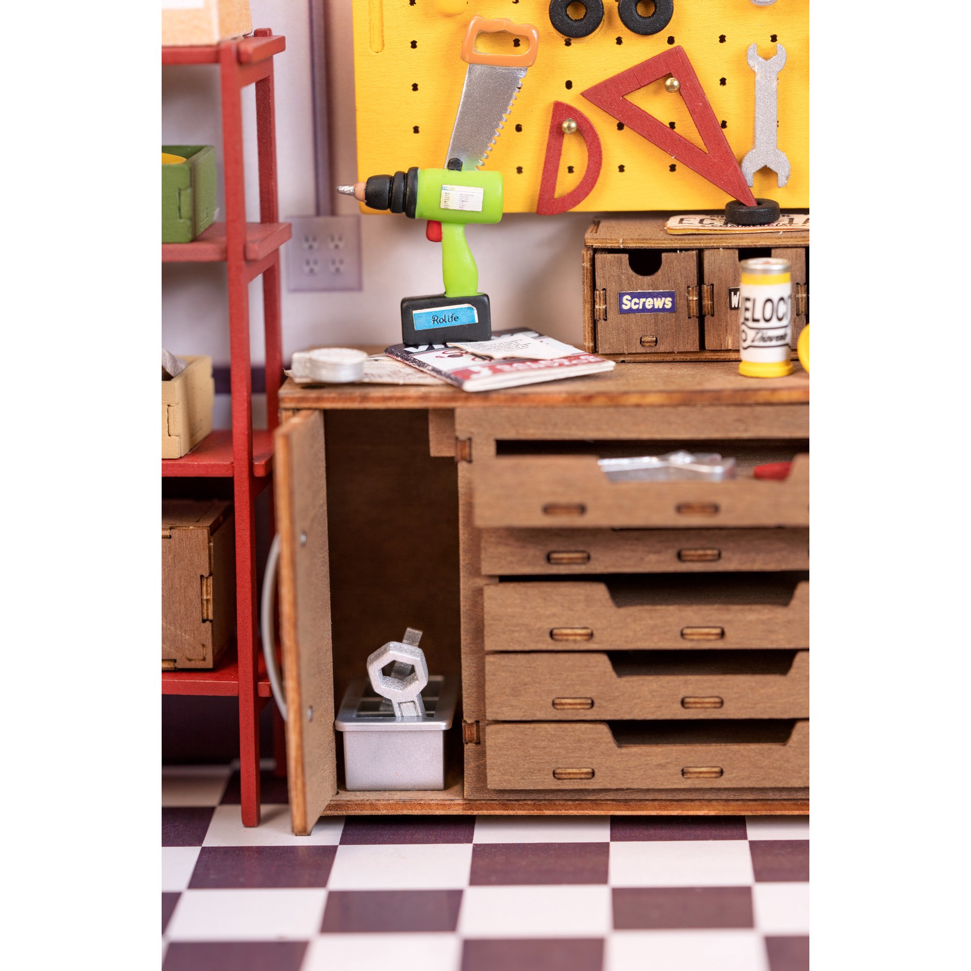 slide 9 of 12, Robotime Rolife Garage Workship Diy Miniature House Kit, 6.73 in x 5.87 in x 9.45 in