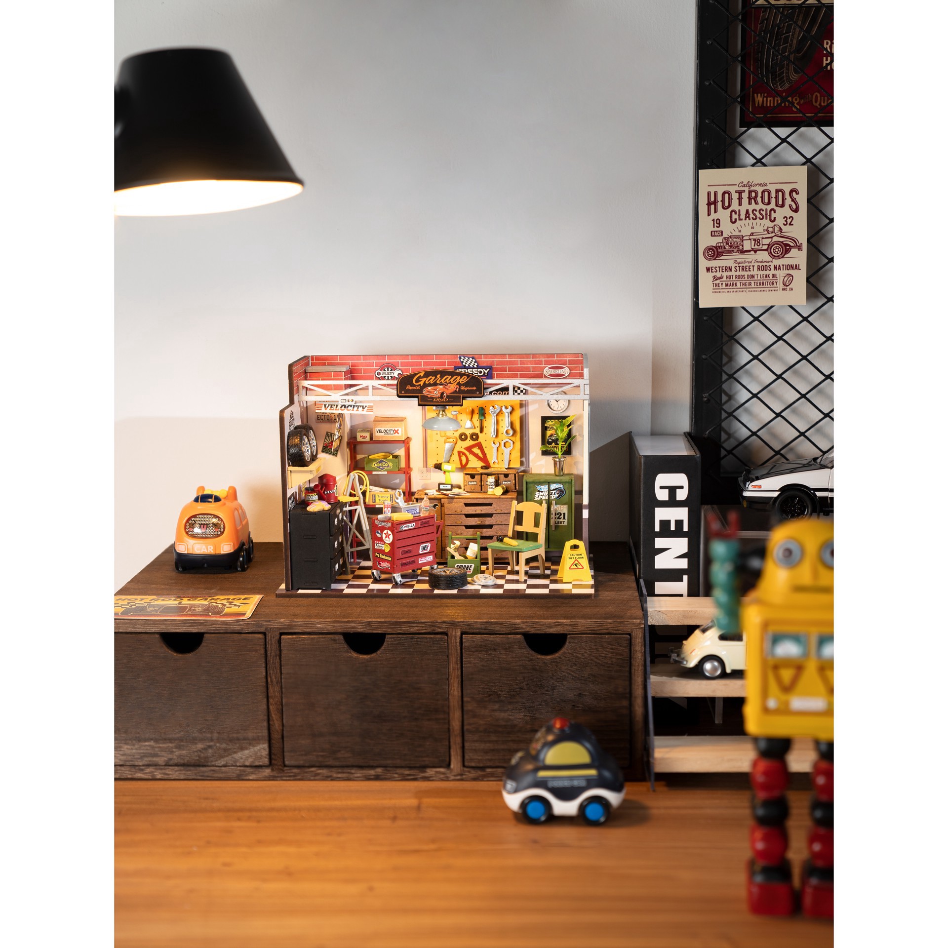 slide 11 of 12, Robotime Rolife Garage Workship Diy Miniature House Kit, 6.73 in x 5.87 in x 9.45 in