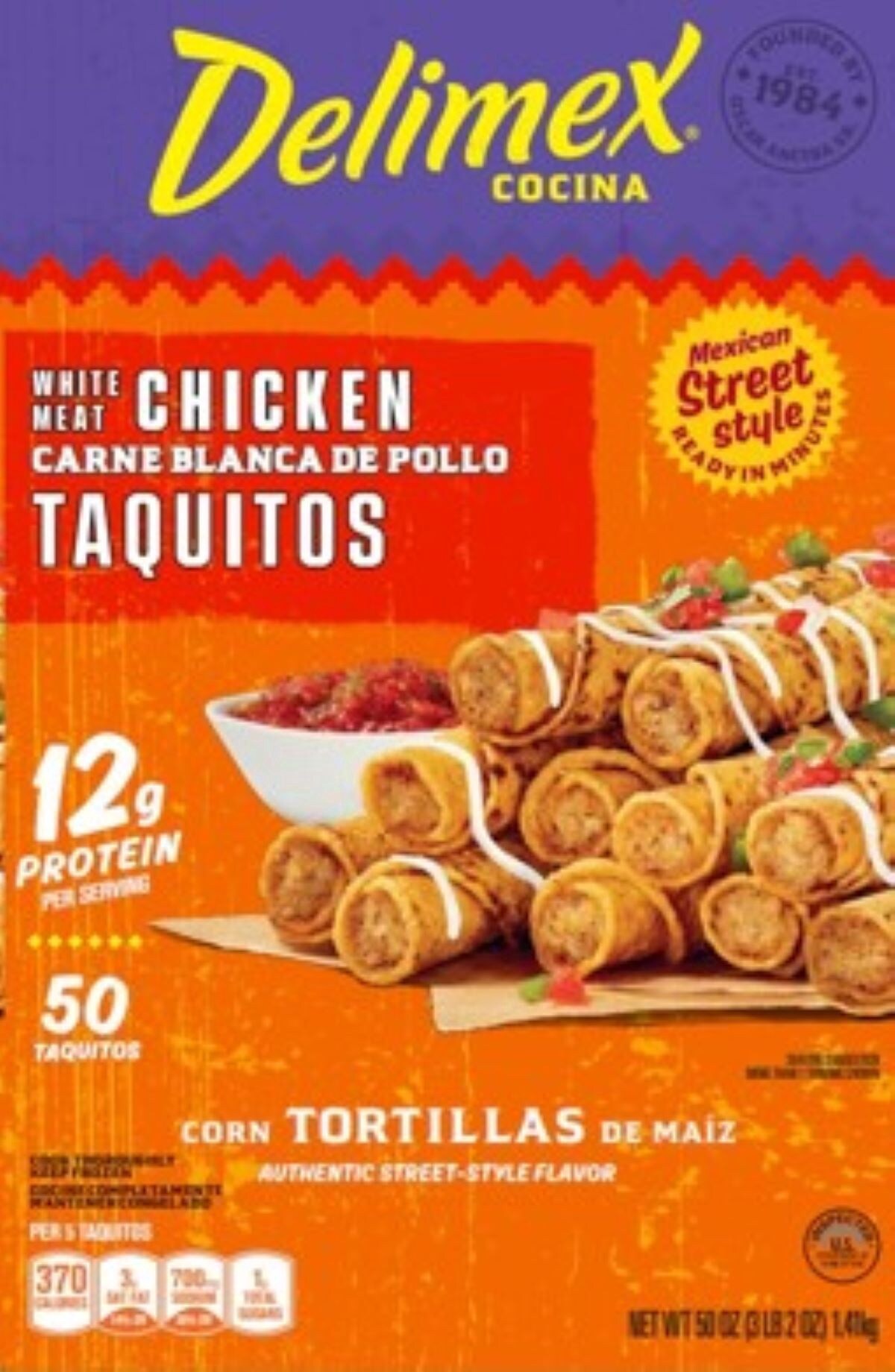 slide 1 of 1, Delimex White Meat Chicken Taquitos Frozen Snacks, 50 ct Box, 50 oz