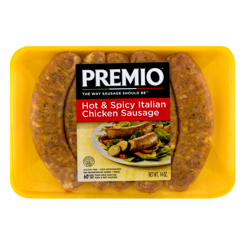 slide 1 of 1, Premio® hot & spicy Italian chicken sausage, 14 oz