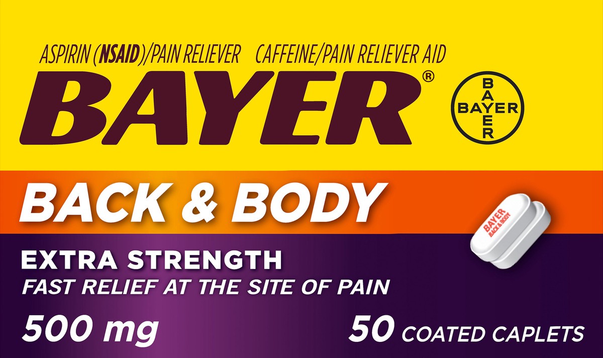 slide 1 of 1, Bayer Extra Strength 500 mg Back & Body Coated Caplets 50 ea Box, 50 ct