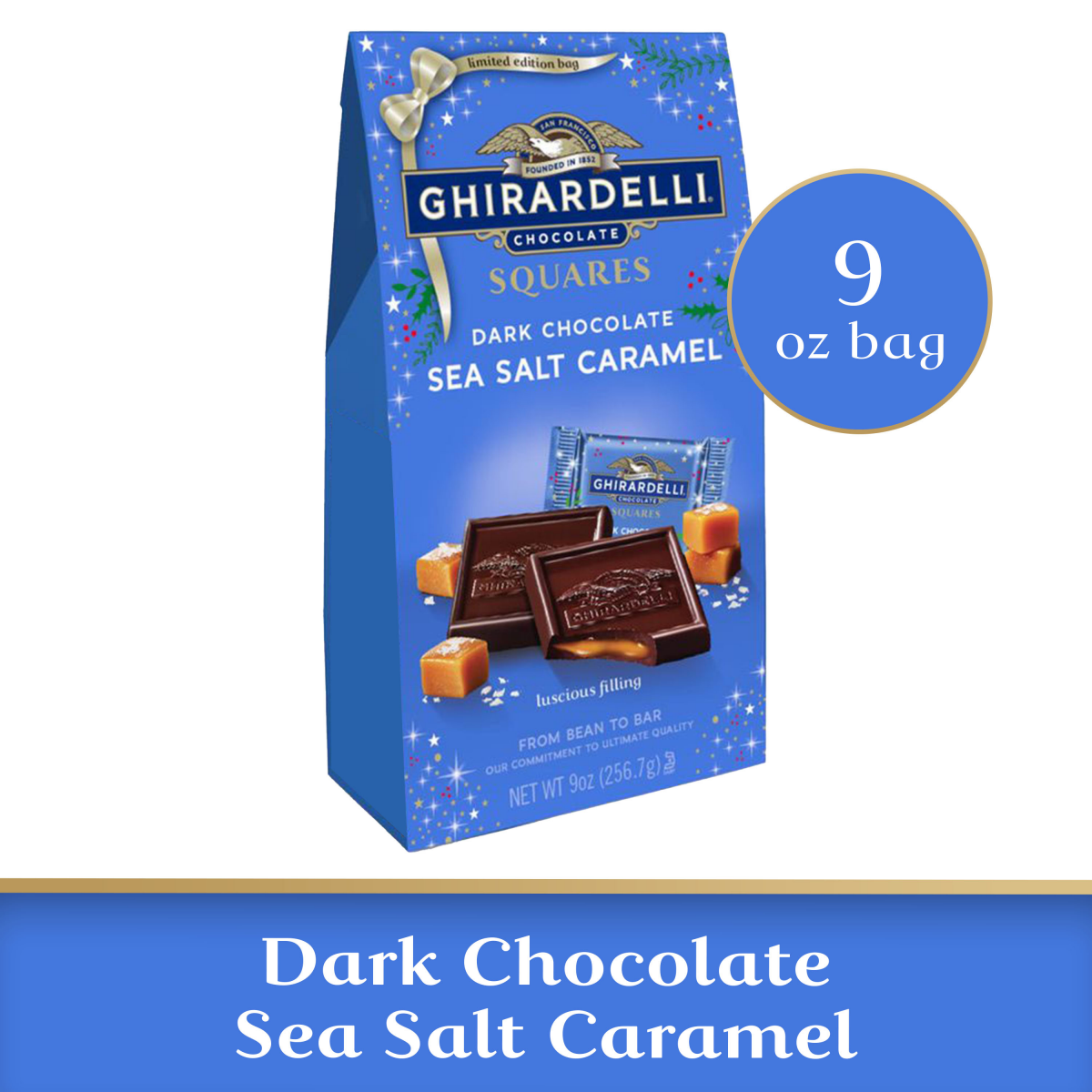 slide 1 of 6, Ghirardelli Holiday Dark Chocolate Sea Salt Caramel Squares, 9 oz Bag, 9 oz