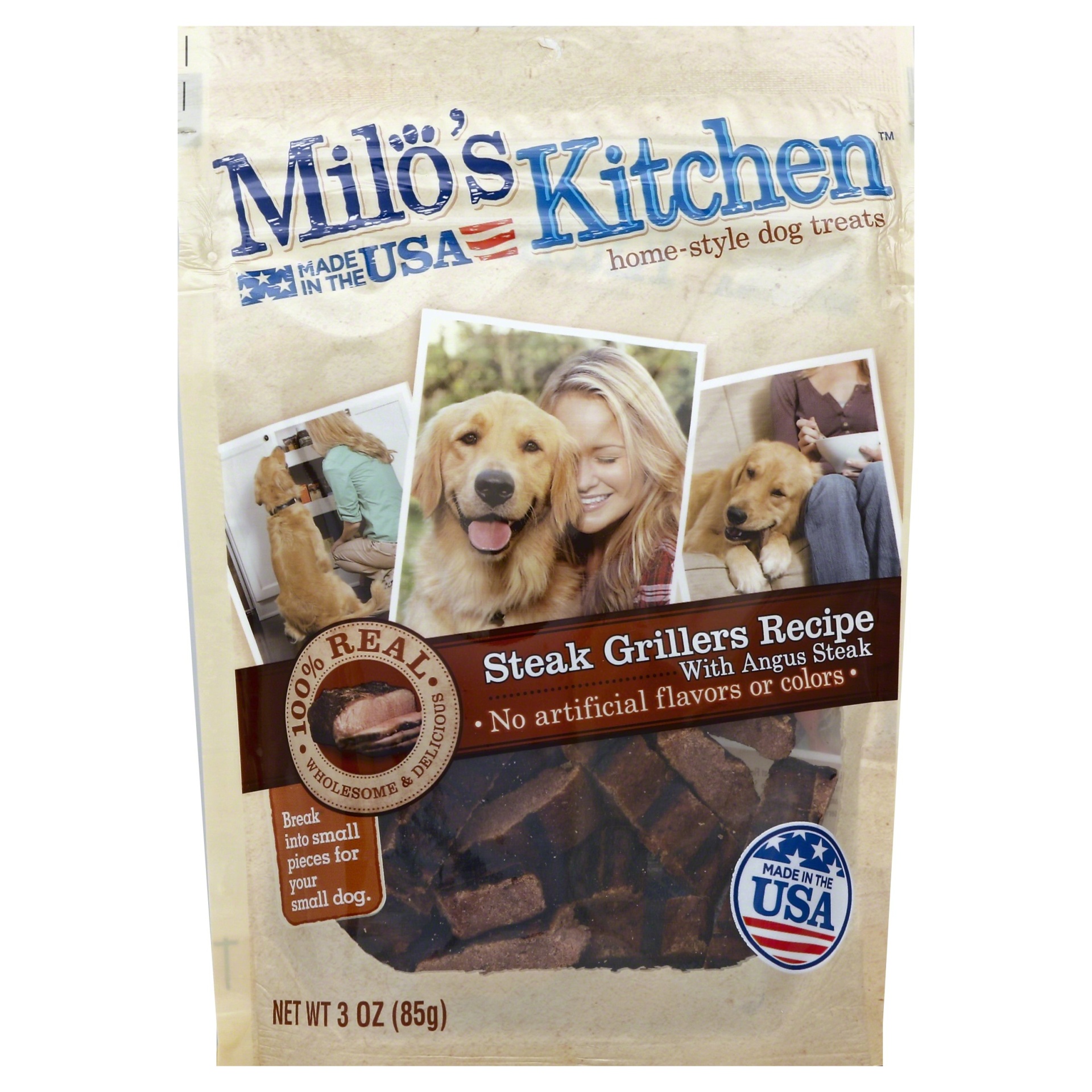 slide 1 of 1, Milo's Kitchen Steak Grillers Beef With Angus Steak Home Style Dog Treats, 3 oz