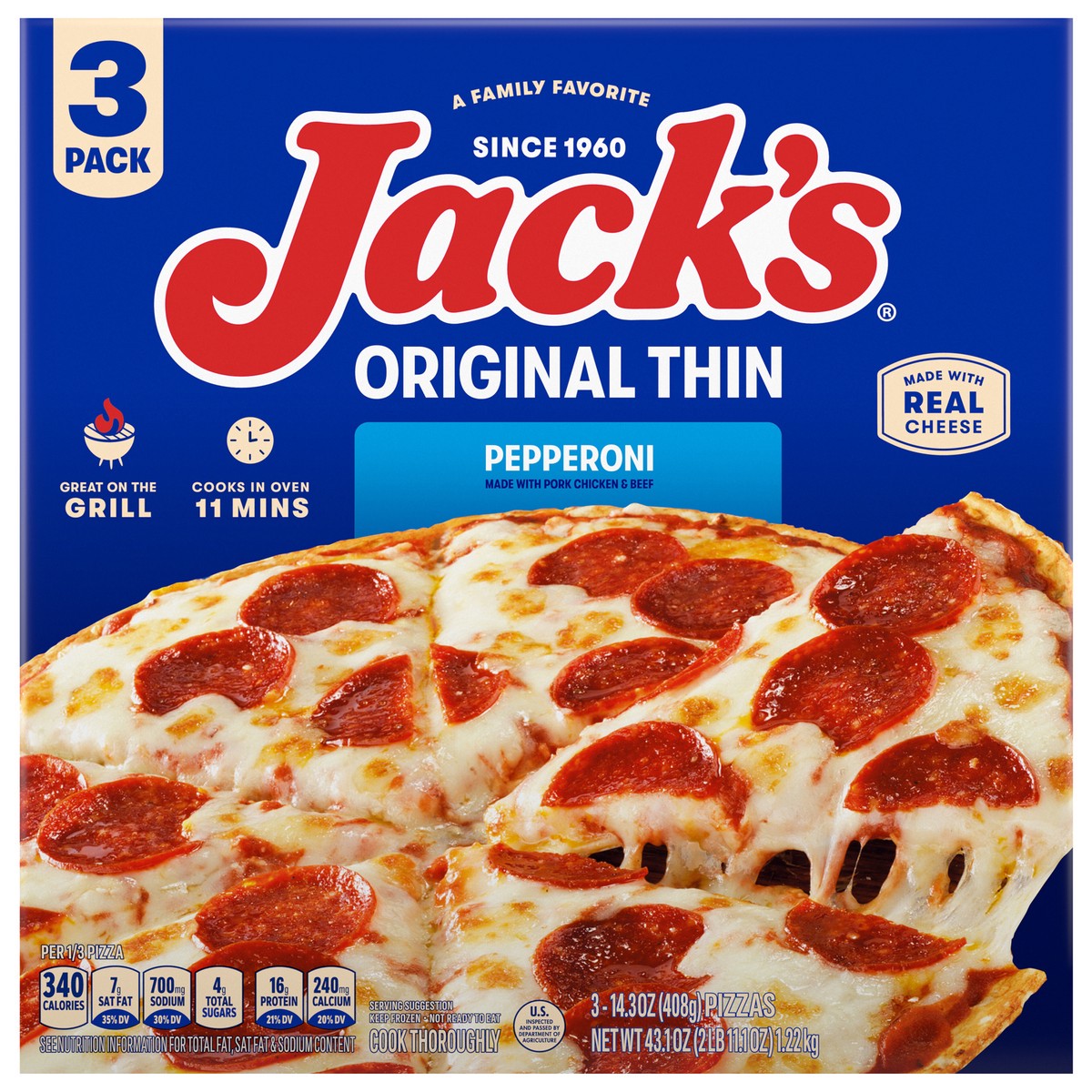 slide 1 of 22, Jack's Original Thin Crust Pepperoni Frozen Pizza (Pack of 3), 43.17 oz