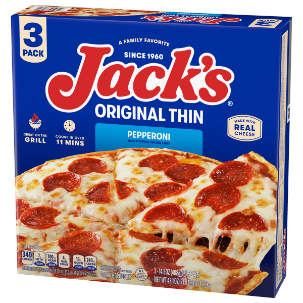 slide 11 of 22, Jack's Original Thin Crust Pepperoni Frozen Pizza (Pack of 3), 43.1 oz