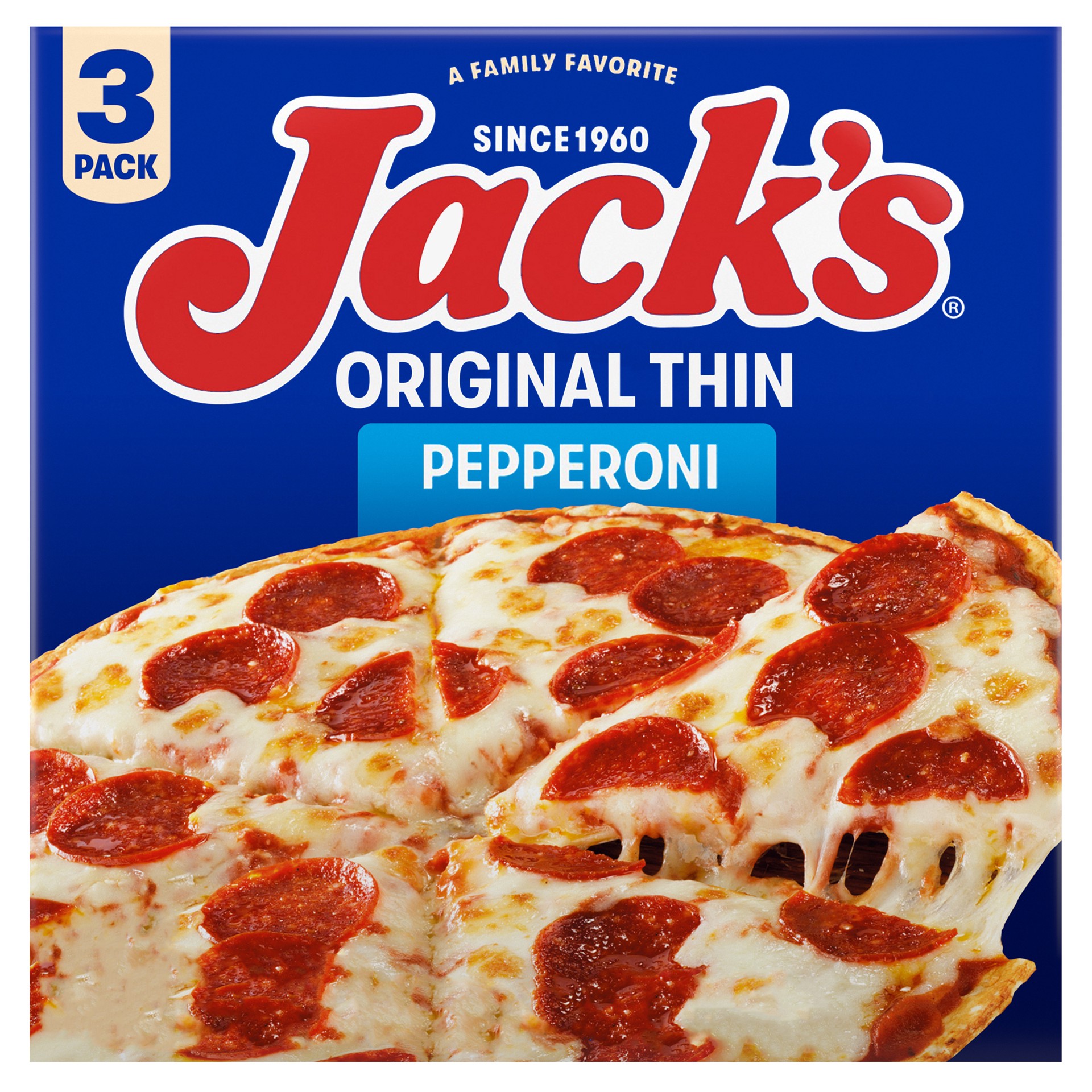 slide 1 of 22, Jack's Original Thin Crust Pepperoni Frozen Pizza (Pack of 3), 43.17 oz