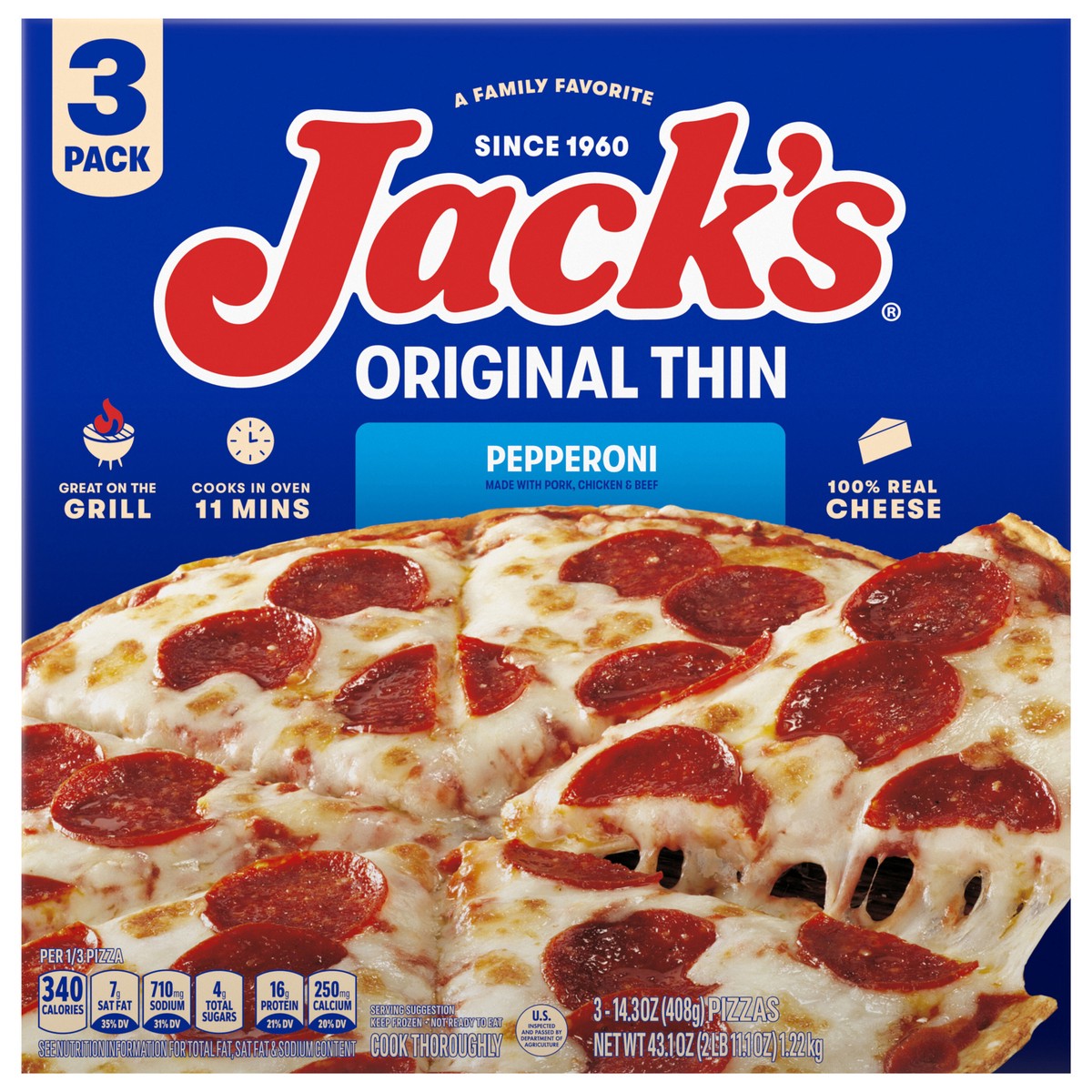 slide 1 of 22, Jack's Original Thin Crust Pepperoni Frozen Pizza (Pack of 3) 43.175 oz., 3 ct