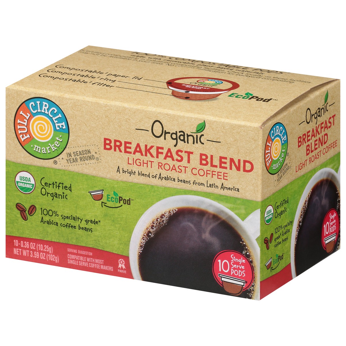 slide 6 of 12, Full Circle Market Organic Light Roast Breakfast Blend Coffee Single Serve Pods - 10 ct, 10 ct