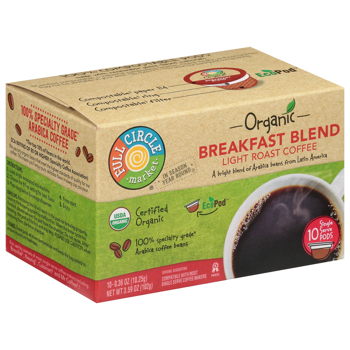 slide 10 of 12, Full Circle Market Organic Light Roast Breakfast Blend Coffee Single Serve Pods - 10 ct, 10 ct