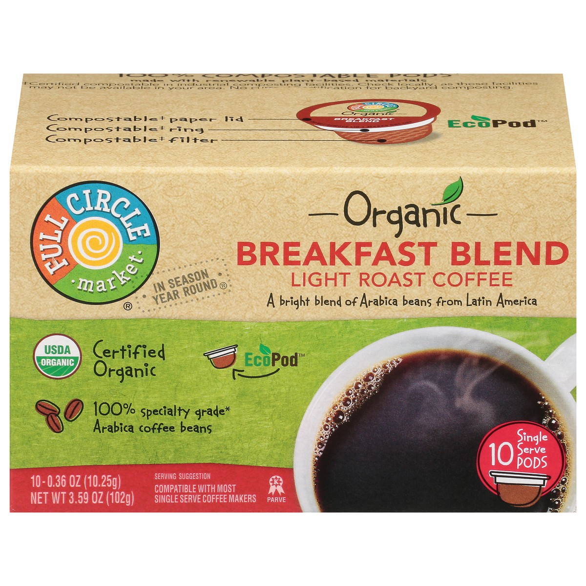 slide 1 of 12, Full Circle Market Organic Light Roast Breakfast Blend Coffee Single Serve Pods - 10 ct, 10 ct