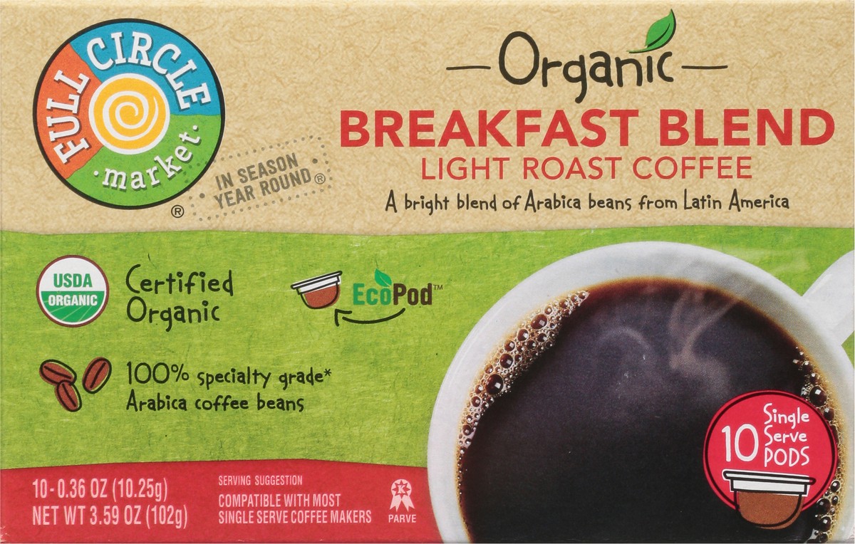 slide 11 of 12, Full Circle Market Organic Light Roast Breakfast Blend Coffee Single Serve Pods - 10 ct, 10 ct