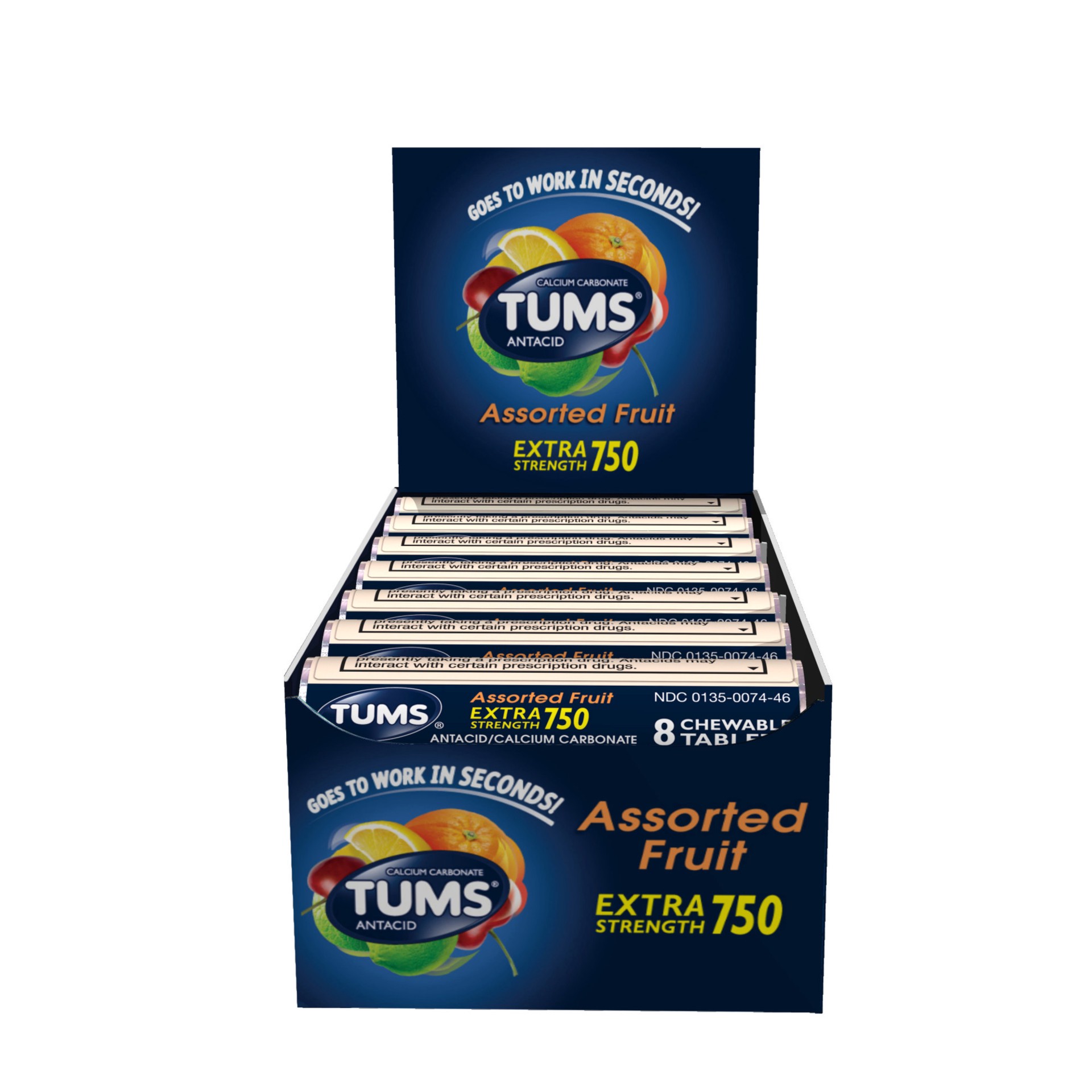 slide 1 of 1, TUMS Chewable Antacid Tablets for Extra Strength Heartburn Relief, Assorted Fruit Flavors - 8 Count Roll, 8 ct