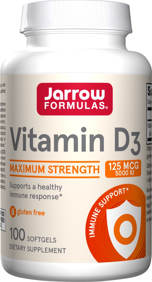 slide 2 of 4, Jarrow Formulas Vitamin D3 5000 IU (125 mcg) - 100 Servings (Softgels) - Bone Health, Immune Support & Calcium Metabolism Support - Dietary Supplement - Gluten Free, 100 ct