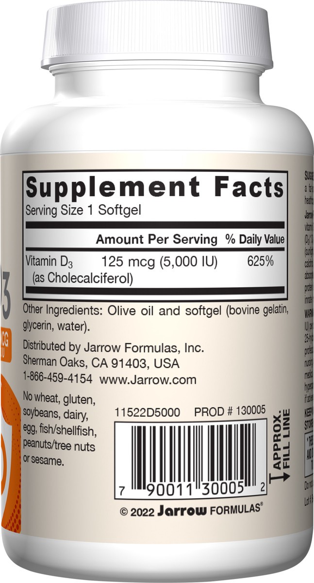 slide 4 of 4, Jarrow Formulas Vitamin D3 5000 IU (125 mcg) - 100 Servings (Softgels) - Bone Health, Immune Support & Calcium Metabolism Support - Dietary Supplement - Gluten Free, 100 ct