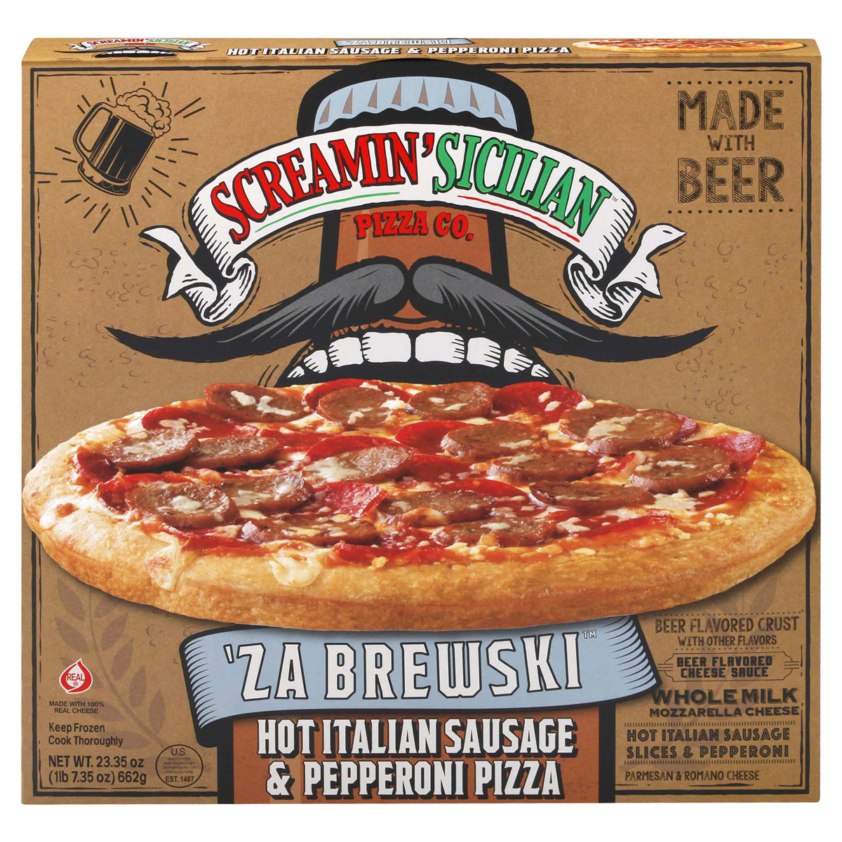 slide 1 of 1, Screamin' Sicilian Za'Brewski Hot Italian Sausage & Pepperoni Pizza Beer Flavored Crust & Cheese Sauce, 23.35 oz