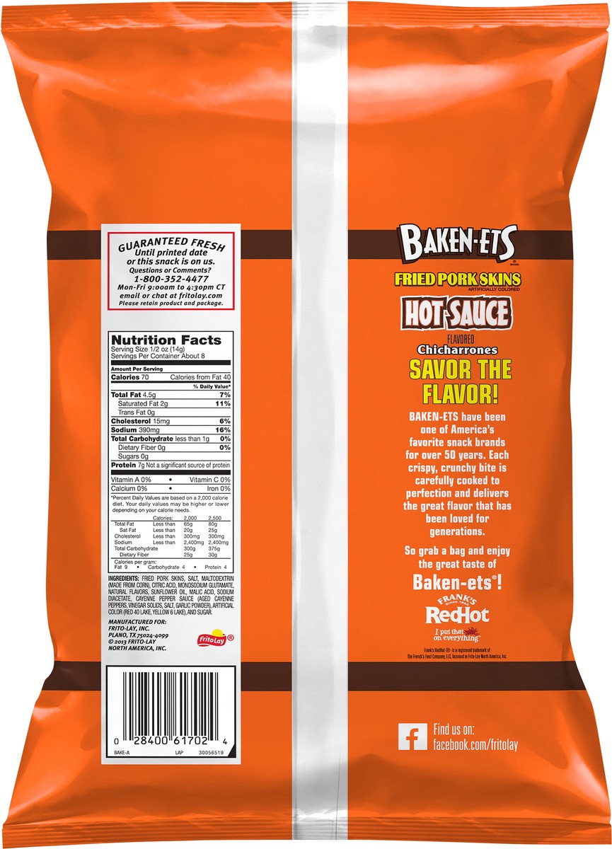 slide 3 of 8, Baken-ets Chicharrones Fried Pork Skins Hot Sauce Flavored 4 Oz, 4 oz