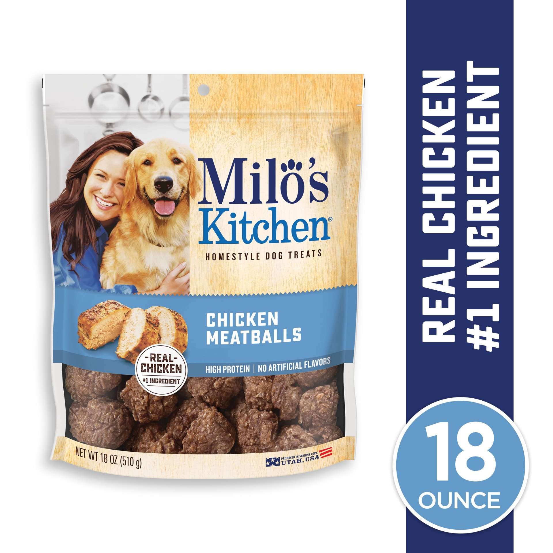slide 1 of 7, Milo's Kitchen Home-Style Dog Treats Chicken Meatballs, 18 oz