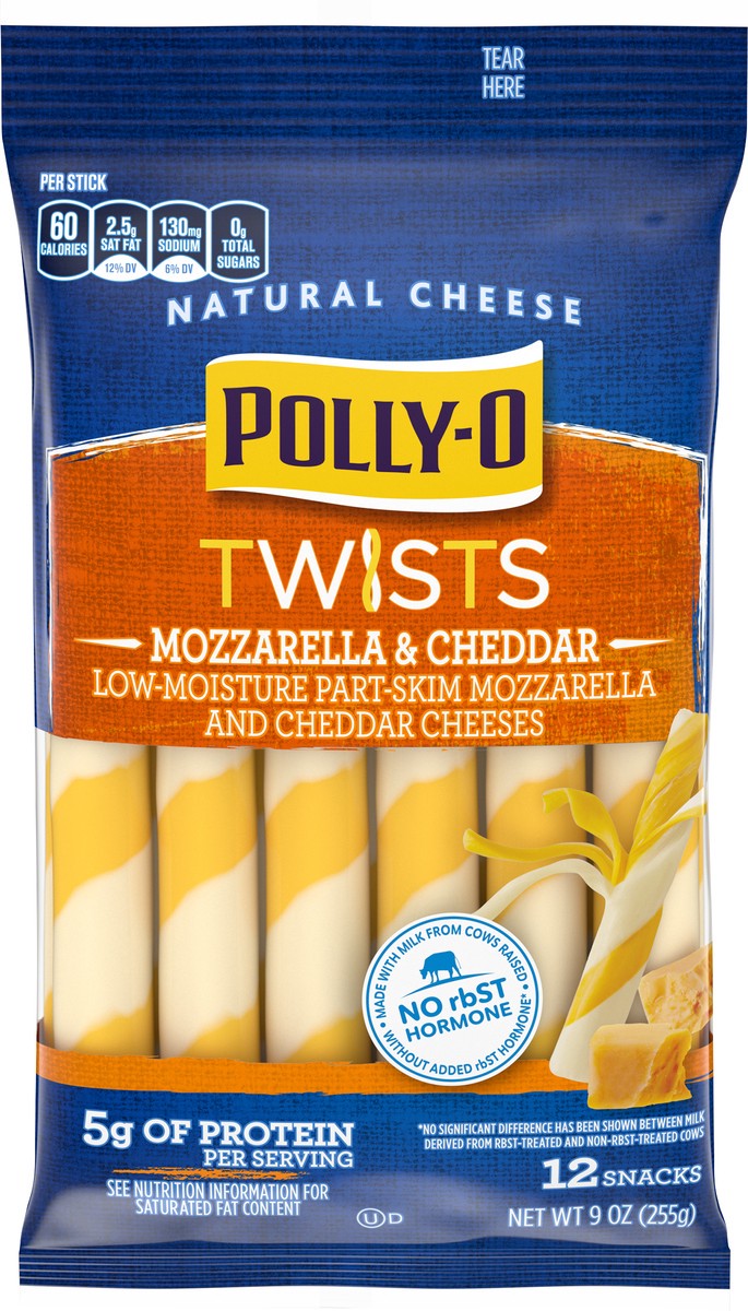 slide 1 of 9, Polly-O Twists Mozzarella and Cheddar String Cheese, 12 ct - 9 oz Packageed, 12 ct