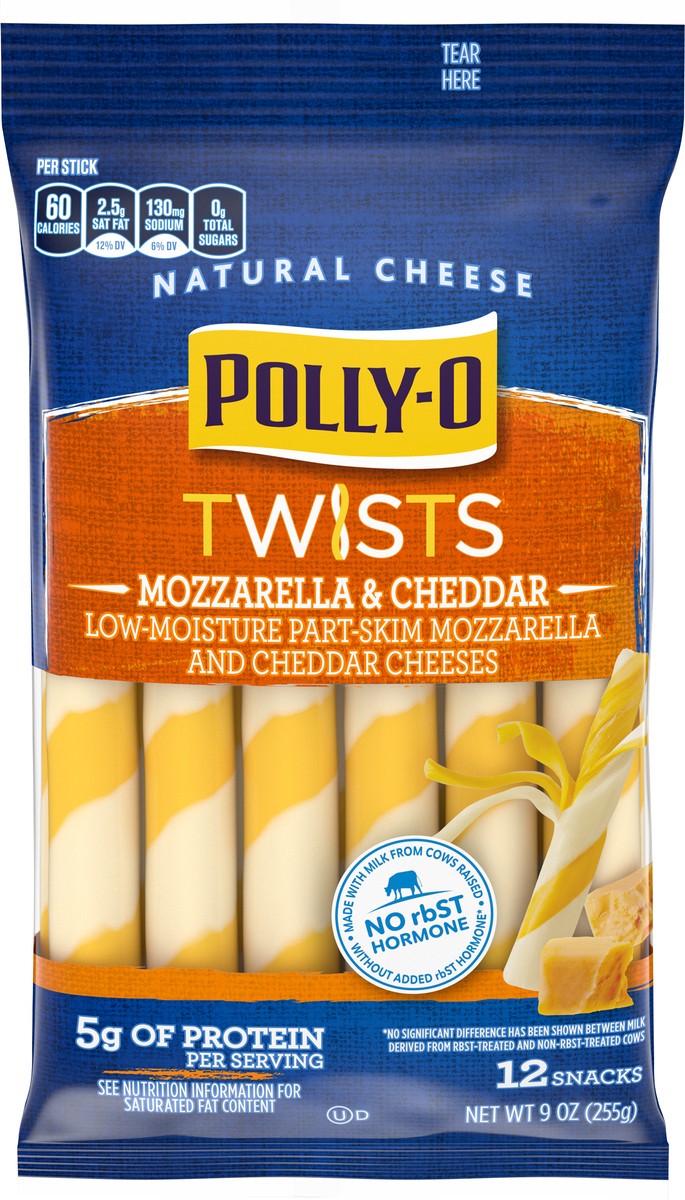 slide 1 of 9, Polly-O Twists String Cheese Mozzarella & Cheddar Cheese Snacks, 12 ct Sticks, 12 ct