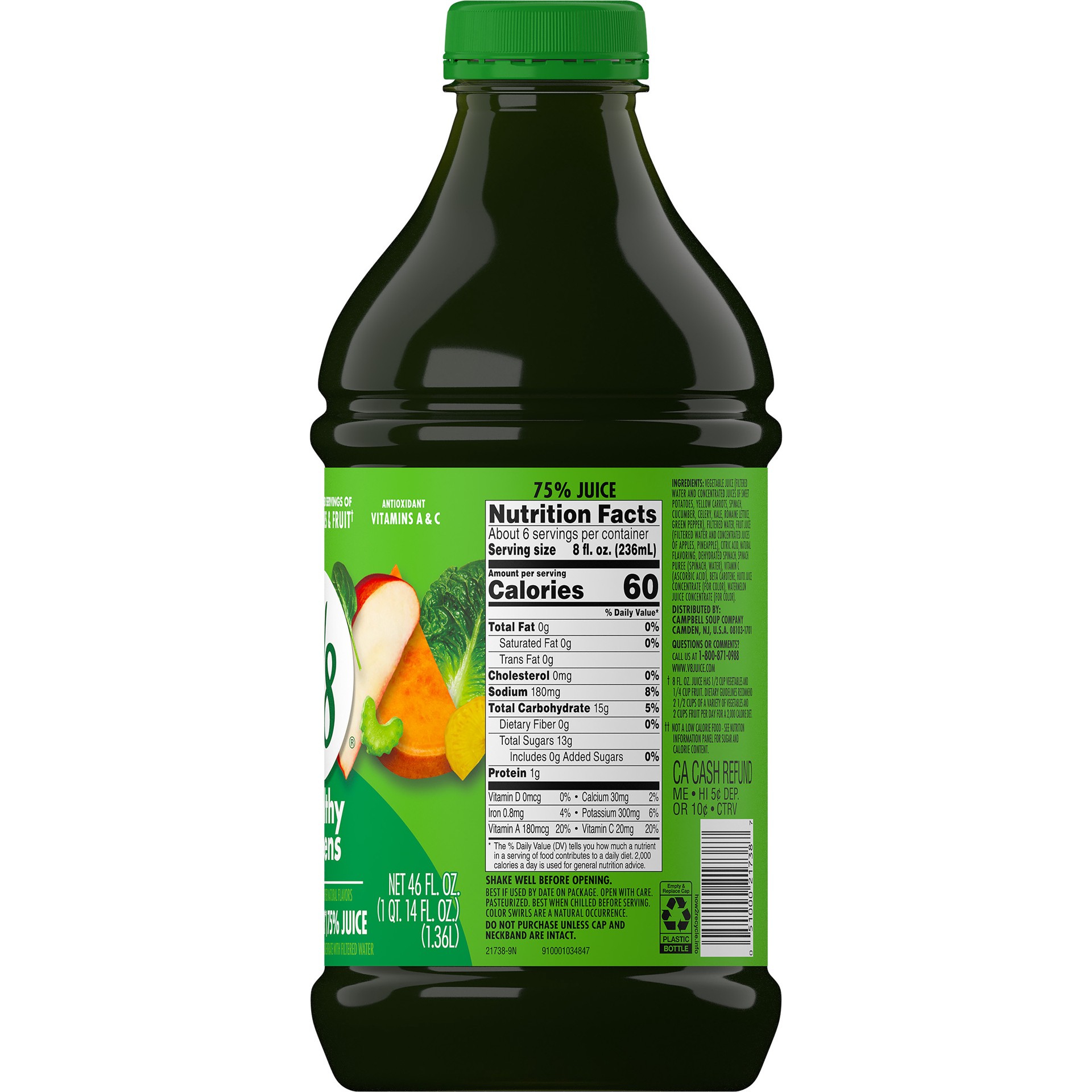 slide 5 of 5, V8 Veggie Blend Healthy Greens Vegetable Fruit Juice Bottle, 46 fl oz