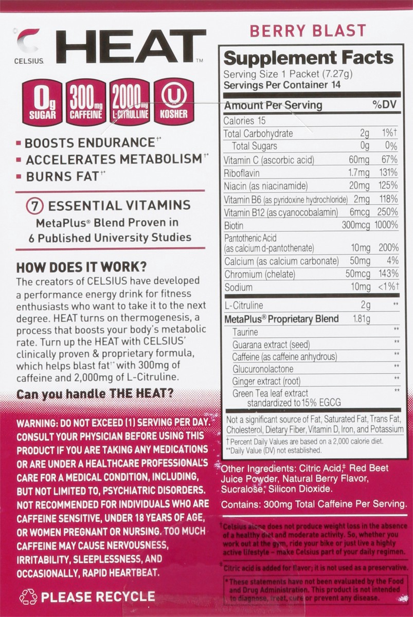 slide 4 of 9, CELSIUS Heat Berry Blast Powder Sticks 14 ea, 14 ct