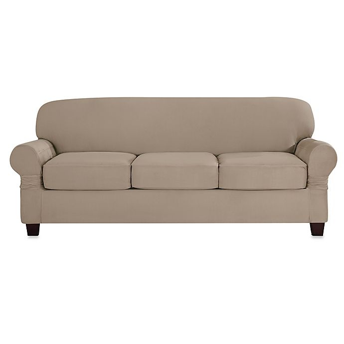 slide 1 of 2, SureFit Home Decor Designer Suede Individual Cushion 3-Seat Sofa Slipcover - Linen, 1 ct