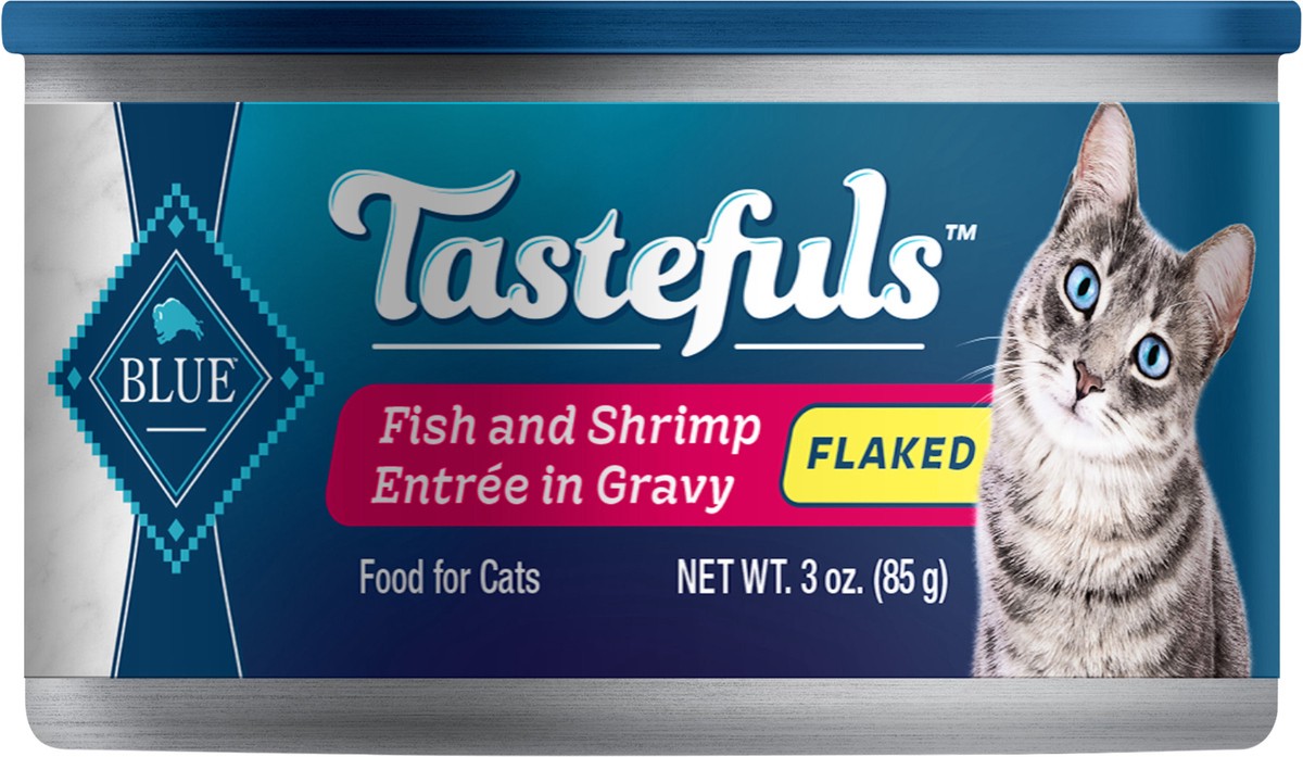 slide 1 of 1, Blue Buffalo Tastefuls Wet Cat Food Flaked Fish And Shrimp Entrée In Gravy, 3 oz