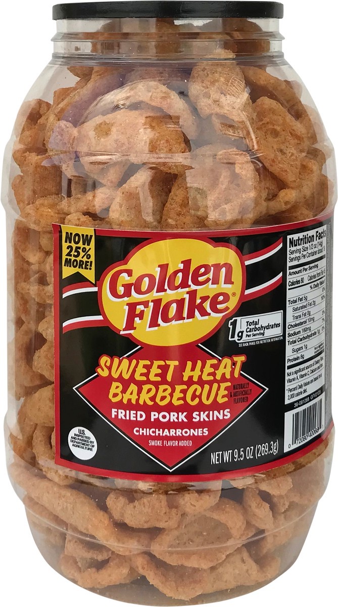slide 3 of 12, Golden Flake 9.5 oz Golden Flake Sweet Heat Pork Skins Barrel, 9.5 oz