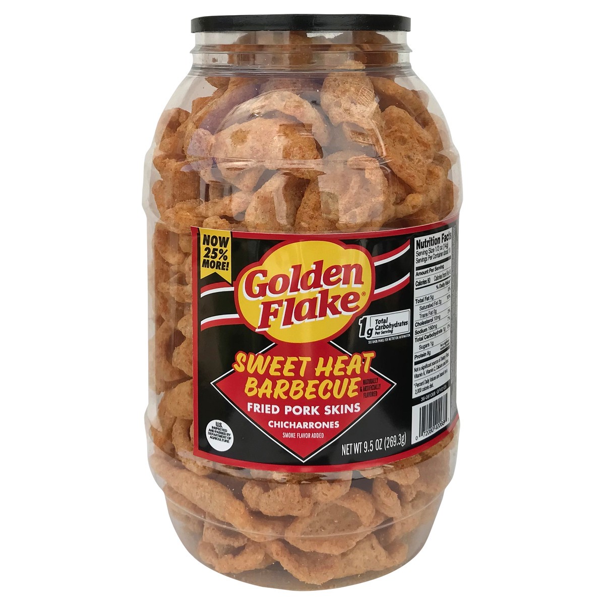 slide 1 of 12, Golden Flake 9.5 oz Golden Flake Sweet Heat Pork Skins Barrel, 9.5 oz