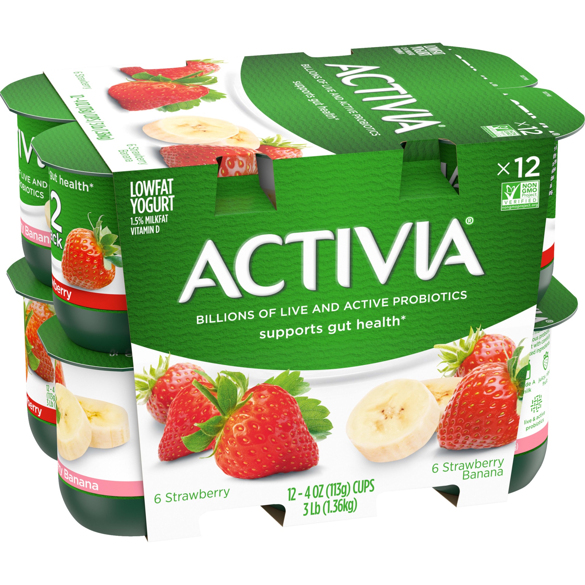 slide 3 of 5, Activia Probiotic Strawberry & Strawberry Banana Variety Pack Yogurt Cups, 4 oz