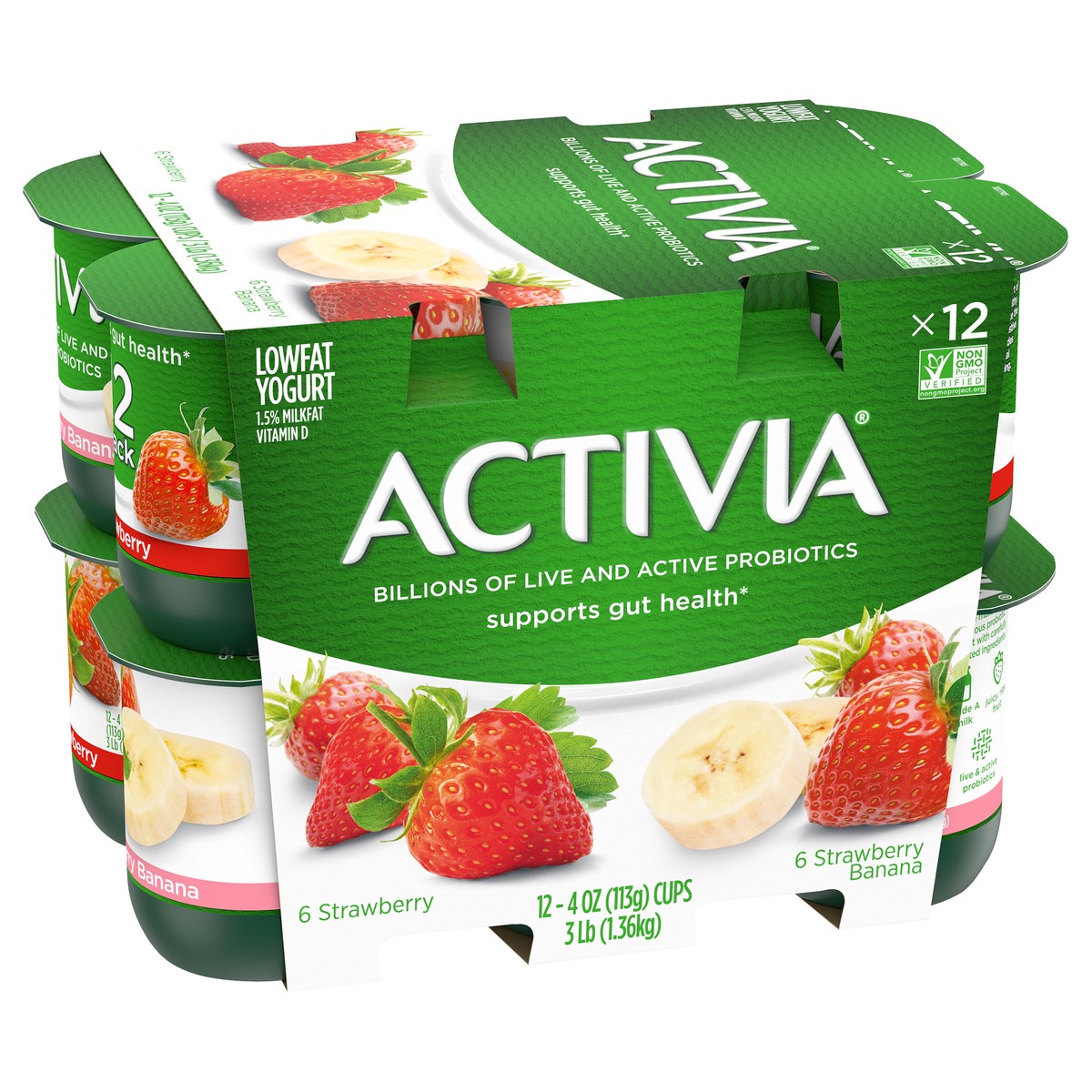 slide 5 of 11, Activia Strawberry and Strawberry Banana Probiotic Yogurt, Delicious Lowfat Yogurt Cups to Help Support Gut Health, 12 Ct, 4 OZ, 4 oz
