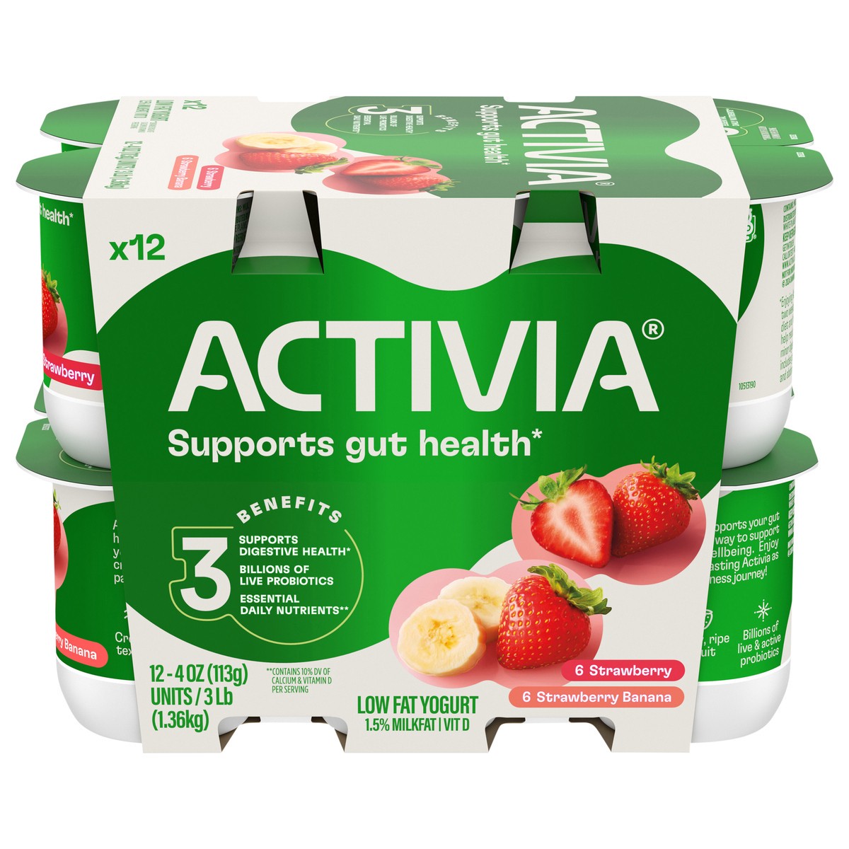 slide 1 of 11, Activia Strawberry and Strawberry Banana Probiotic Yogurt, Low Fat Yogurt Cups, Variety Pack, 4 OZ, 12 Ct, 12 ct