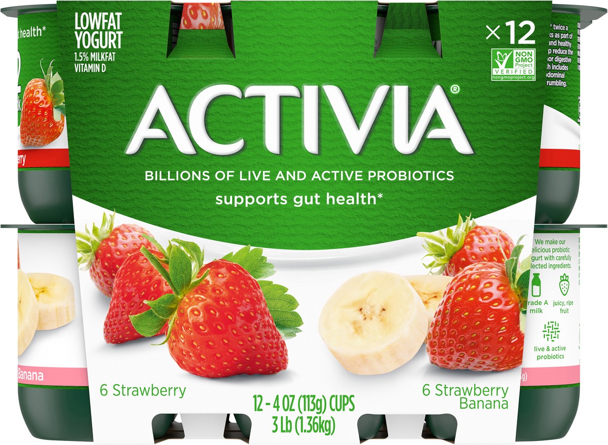 slide 7 of 11, Activia Strawberry and Strawberry Banana Probiotic Yogurt, Delicious Lowfat Yogurt Cups to Help Support Gut Health, 12 Ct, 4 OZ, 4 oz