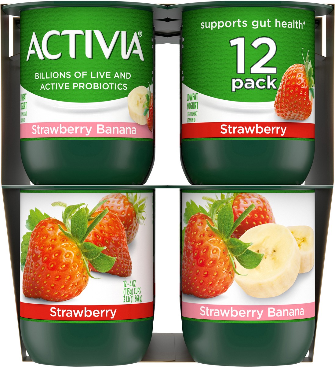 slide 11 of 11, Activia Strawberry and Strawberry Banana Probiotic Yogurt, Delicious Lowfat Yogurt Cups to Help Support Gut Health, 12 Ct, 4 OZ, 4 oz