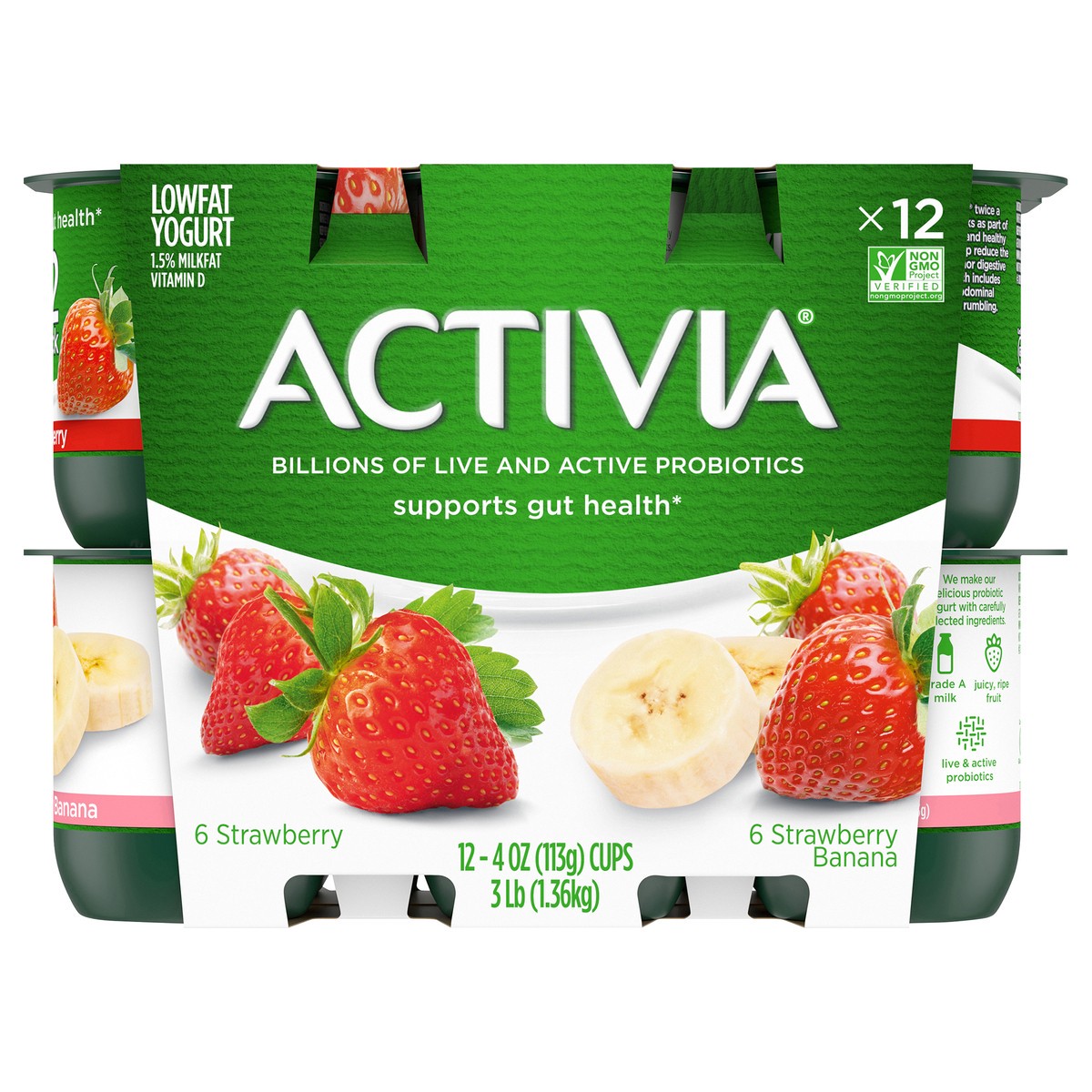 slide 1 of 11, Activia Strawberry and Strawberry Banana Probiotic Yogurt, Delicious Lowfat Yogurt Cups to Help Support Gut Health, 12 Ct, 4 OZ, 4 oz