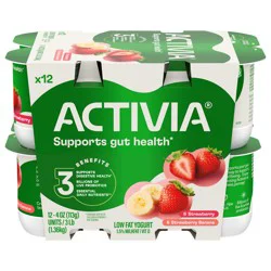 Activia Strawberry and Strawberry Banana Probiotic Yogurt, Low Fat Yogurt Cups, Variety Pack, 4 OZ, 12 Ct